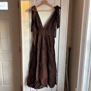 NWT House of Harlow Brown Tie Straps Tiered Maxi Dress V Neck Linen Blend